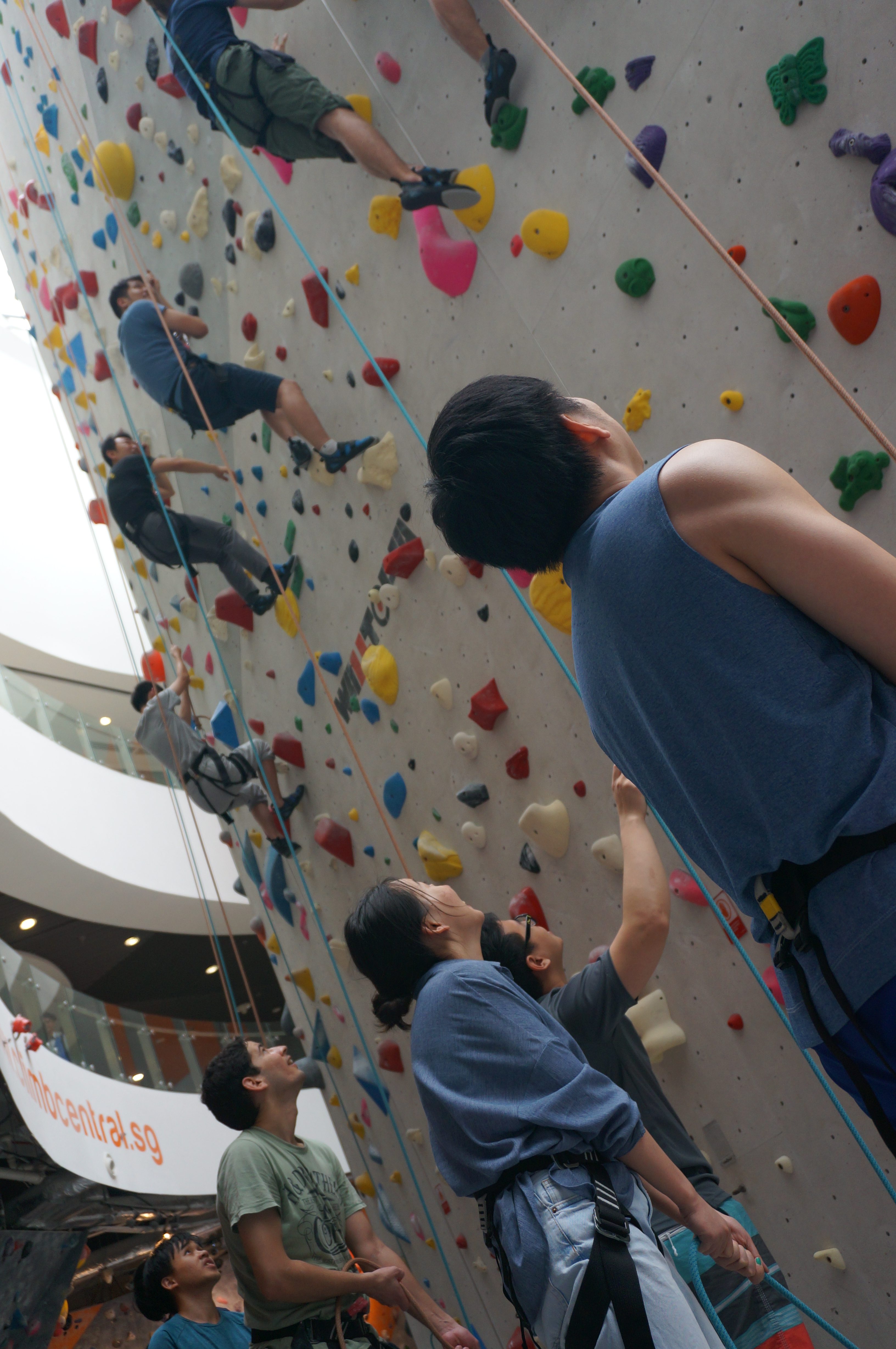 The belay device could suspend and let us rest mid-way, making higher climbs easier